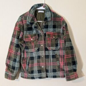 Honeycloth Plaid Jacket Fuzzy‎ Olive Pink Small